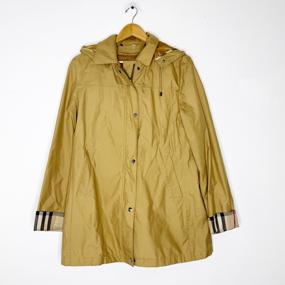 Burberry London Hooded Raincoat Trench Coat Women’s US 14 Tan Check Lining - Picture 1 of 15